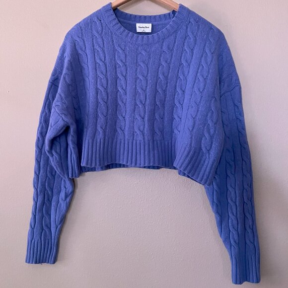 Aritzia Sunday Best Cable Knit Cropped Sweater XS Periwinkle Merino Wool Blend - Picture 2 of 6
